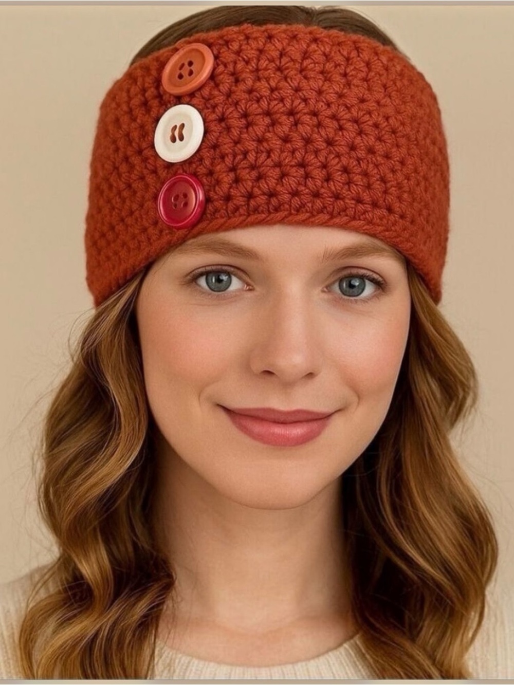 Handmade Red/orange Knit Buttons embellished Headband/Neck Warmer With 3 Decorat